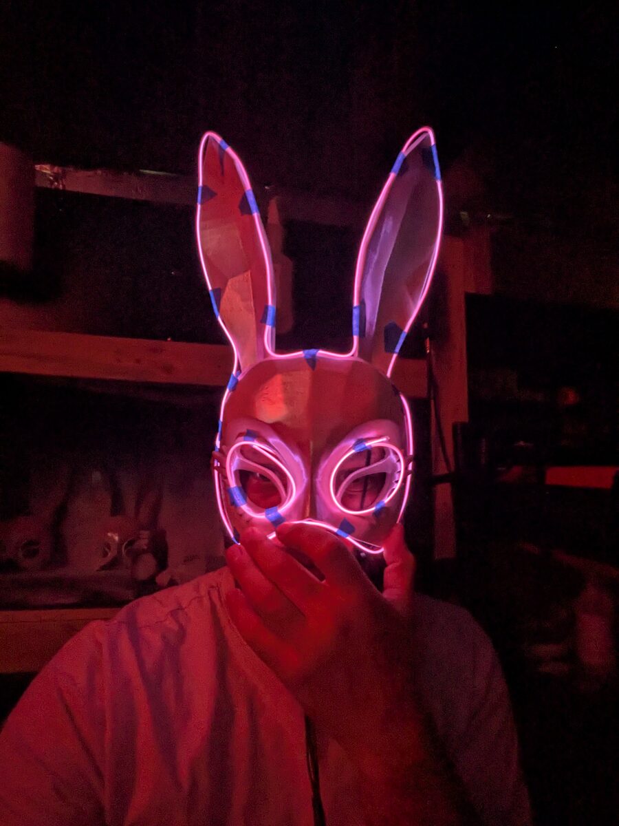 LED bunny mask glowing in the dark